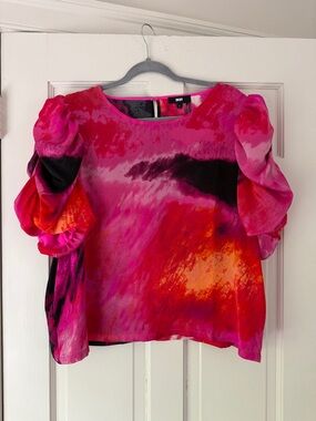 DKNY Hot Pink Multi-Color Puff Sleeve Blouse